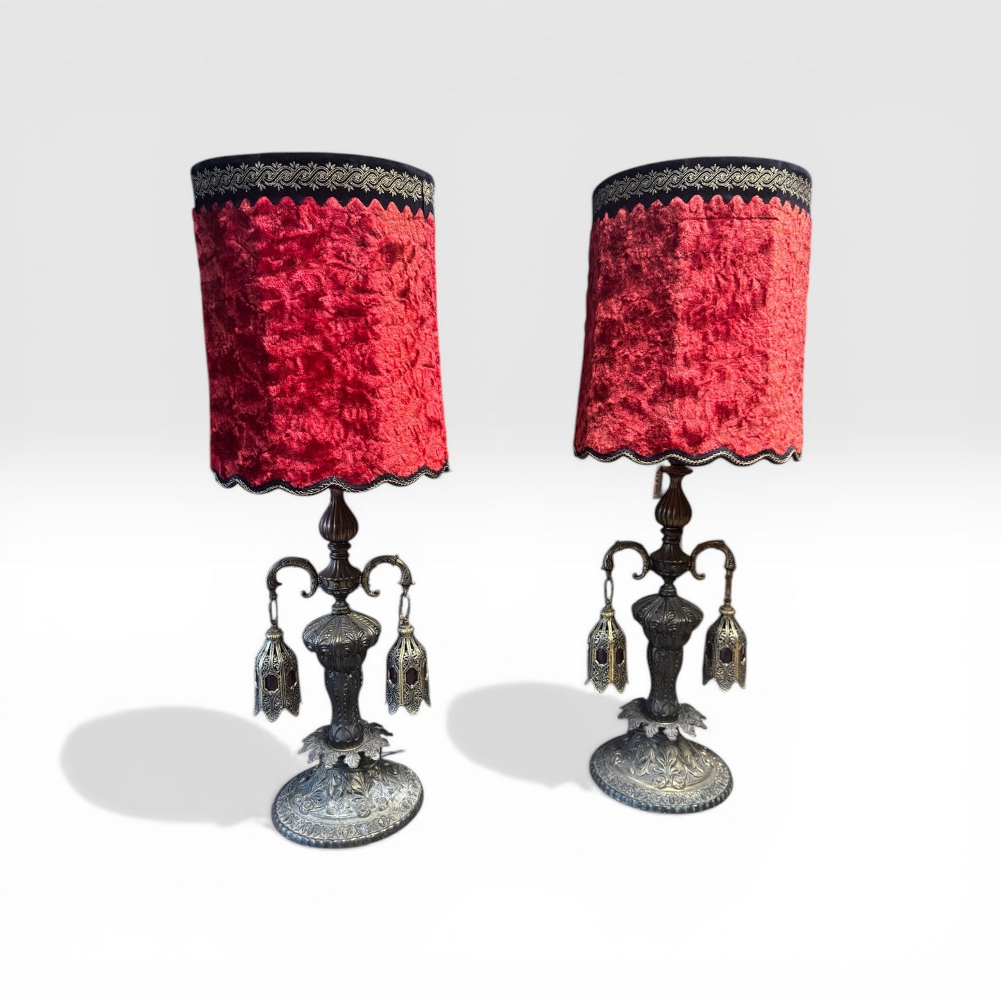 Vintage Pair (2) of Hollywood Regency / Gothic Revival Red Velvet 60s/70s Lamps