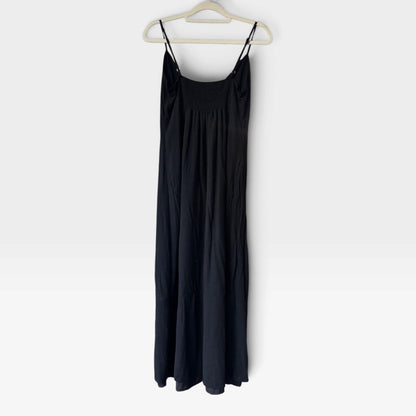 Minimalist Black Button-Front Slip Dress, Spaghetti Strap Midi, Linen Blend, Size S/M