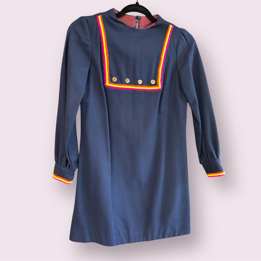 60’s Vintage Navy Blue Wool Dress with Neon Stripe Detail, size xs
