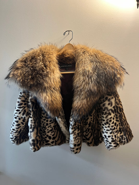 Adrienne Landau Leopard Print Rabbit/Raccoon Fur Coat - size L