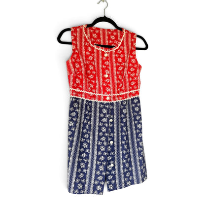 True Vintage Two-Piece Dress & Shorts Set – Red/Blue Floral Calico, XS