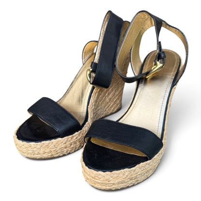 COACH Black Leather Espadrille Platform Wedge Sandals, Size 8.5
