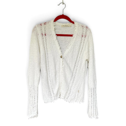 sw_casual Women’s White Textured Cardigan, Frayed Hem & Trim, Size L