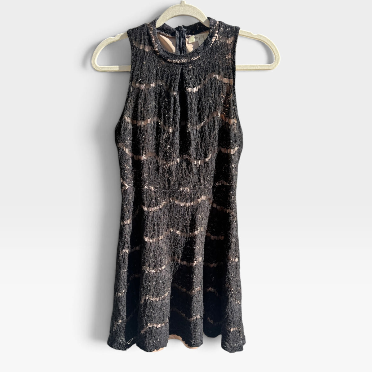 Love, Fire Black Lace Sleeveless Cocktail Mini Dress, Nude Lining, Size M