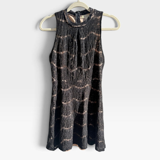 Love, Fire Black Lace Sleeveless Cocktail Mini Dress, Nude Lining, Size M