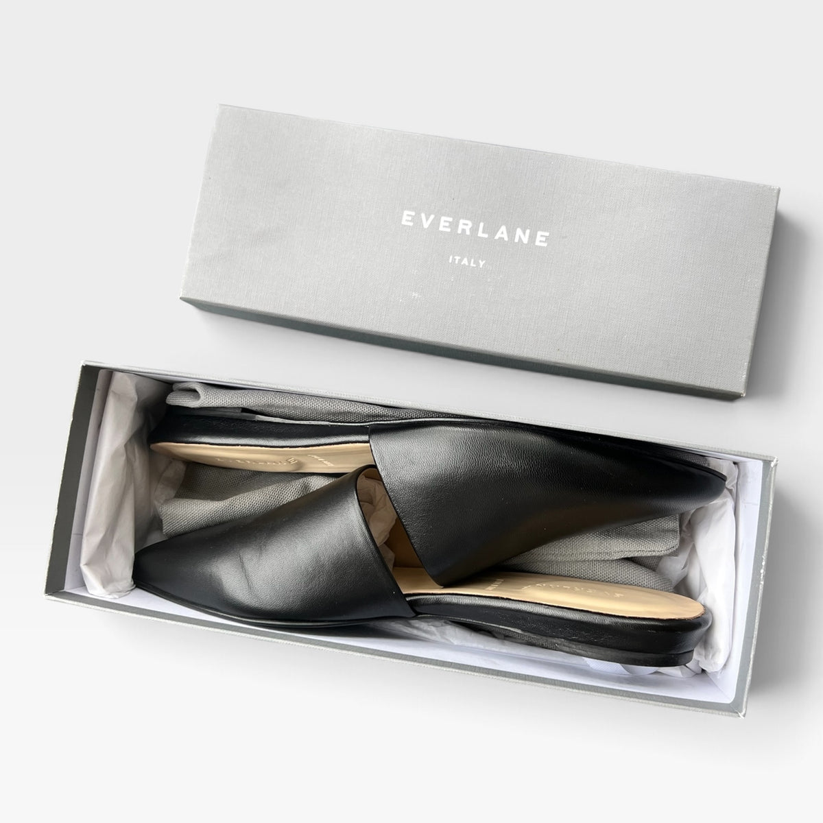 NWT Everlane The Pointed Slide, Black Leather Mules, Slip-On Flats, Size 9