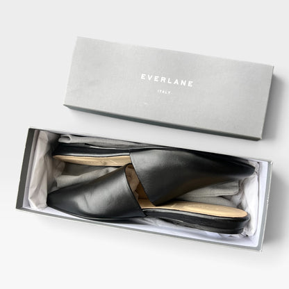 NWT Everlane The Pointed Slide, Black Leather Mules, Slip-On Flats, Size 9