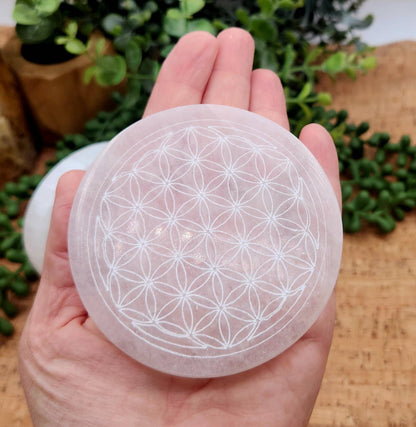 Selenite Crystal Charging Plate/Coaster Round - Flower of Life