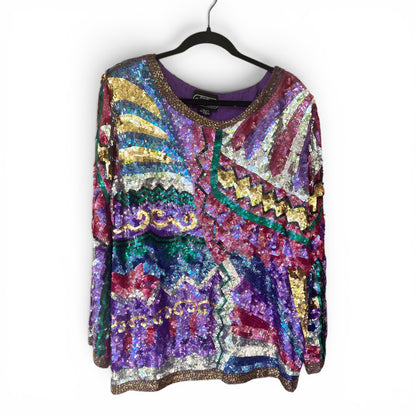Vintage 80s Glam 100% Silk All-Over Sequined Plus Top, Size 2X
