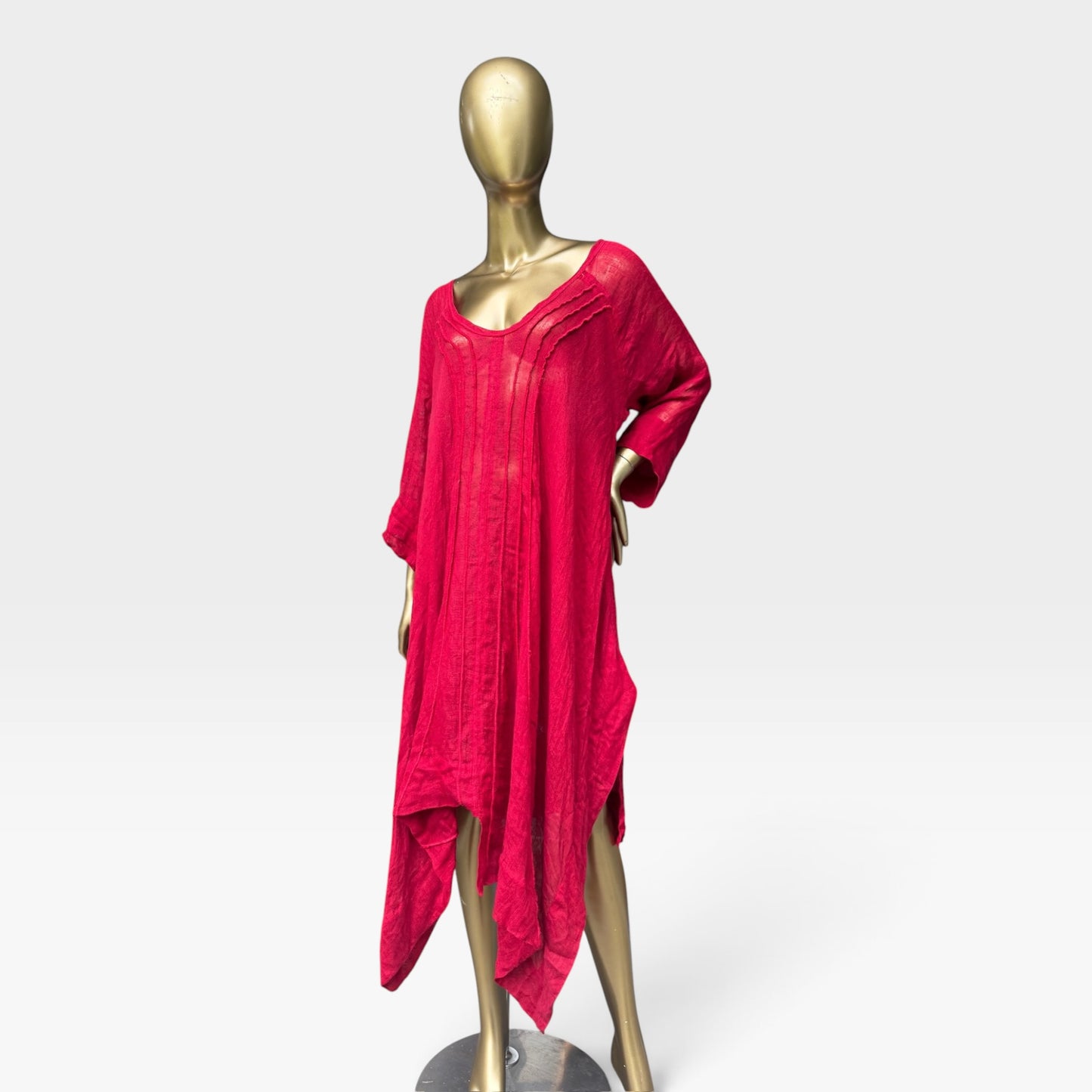 LILI 100% Linen Avant Garde Asymmetrical Kaftan Dress – Red - Size XL
