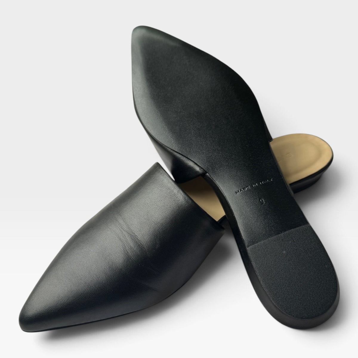 NWT Everlane The Pointed Slide, Black Leather Mules, Slip-On Flats, Size 9