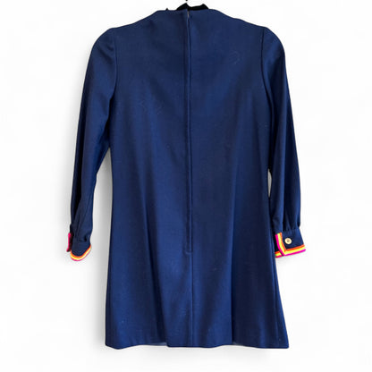 60’s Vintage Navy Blue Wool Dress with Neon Stripe Detail, size xs