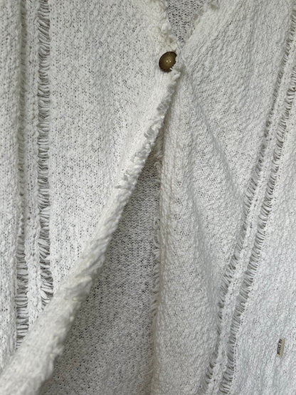 sw_casual Women’s White Textured Cardigan, Frayed Hem & Trim, Size L