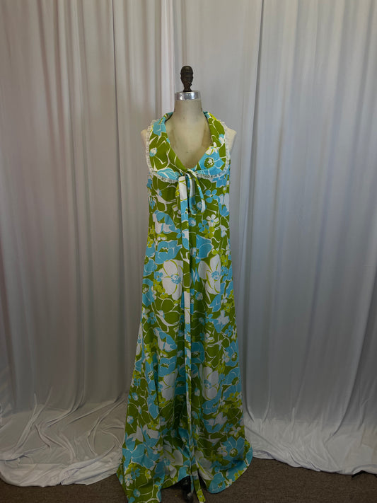 Tropical 1960s Long Sleeveless Floral Dress, size m/l