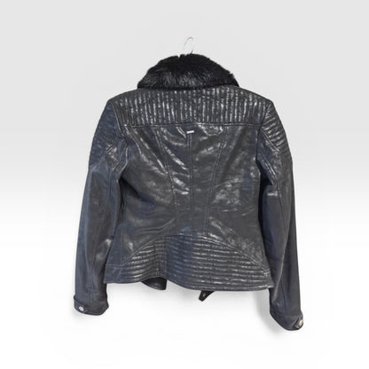 NWT Guess Black Faux Leather with Fur Trim Jacket, size small