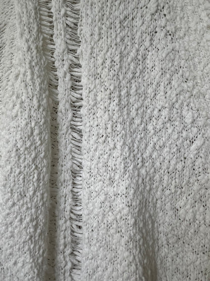 sw_casual Women’s White Textured Cardigan, Frayed Hem & Trim, Size L