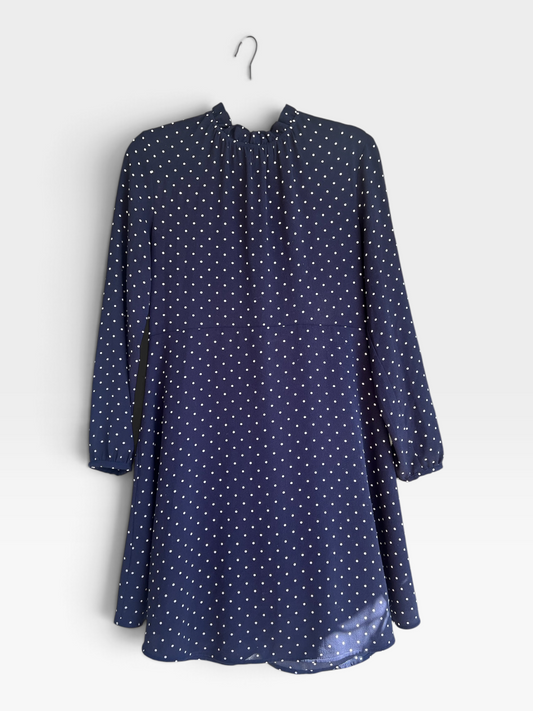 H&M Navy Blue and White Polka Dot A-Line Long Sleeved Mini Dress, Size 10