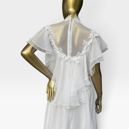 True Vintage 70s Chiffon Wedding Gown, Illusion Lace Back & Train, Size S