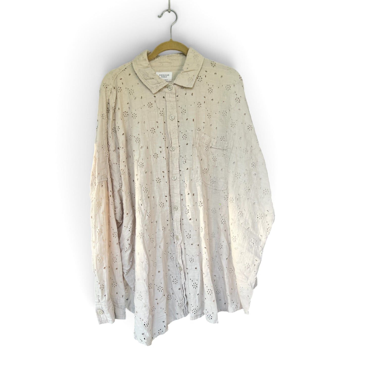 American Eagle Eyelet Shirt, Taupe, Relaxed Fit Button Up Shirt, Size XXL