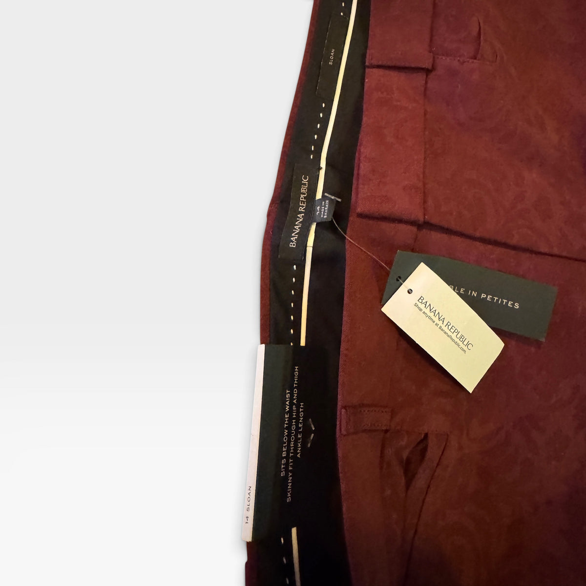 NWT Banana Republic Sloan Pants, Burgundy Tonal Damask, Size 14