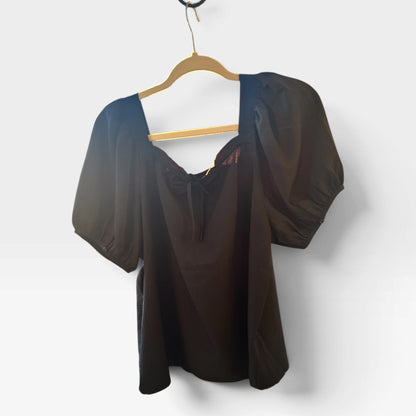 Madewell Black Seersucker Puff Sleeve Top, Boho Blouse, Size M