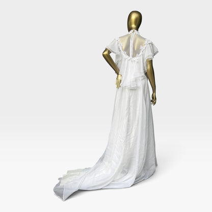 True Vintage 70s Chiffon Wedding Gown, Illusion Lace Back & Train, Size S