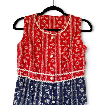 True Vintage Two-Piece Dress & Shorts Set – Red/Blue Floral Calico, XS