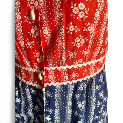 True Vintage Two-Piece Dress & Shorts Set – Red/Blue Floral Calico, XS