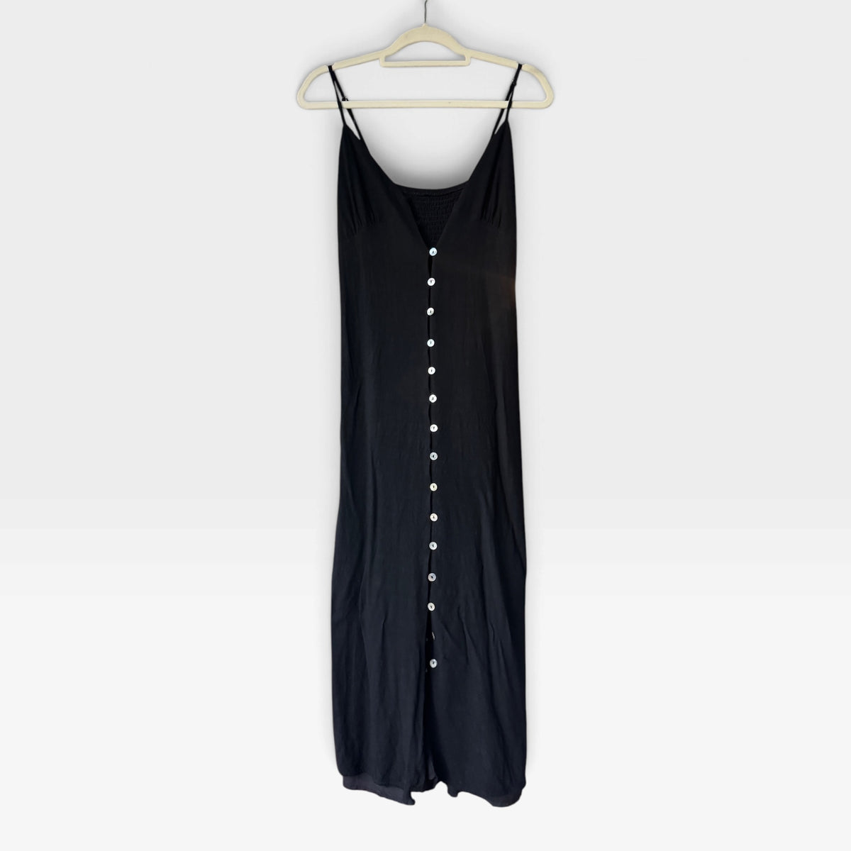 Minimalist Black Button-Front Slip Dress, Spaghetti Strap Midi, Linen Blend, Size S/M