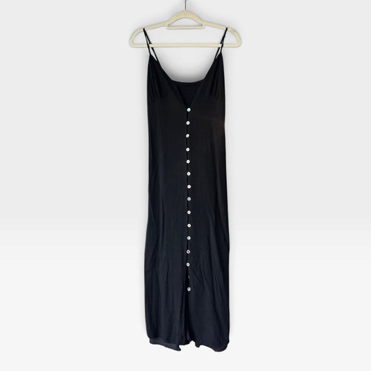 Minimalist Black Button-Front Slip Dress, Spaghetti Strap Midi, Linen Blend, Size S/M