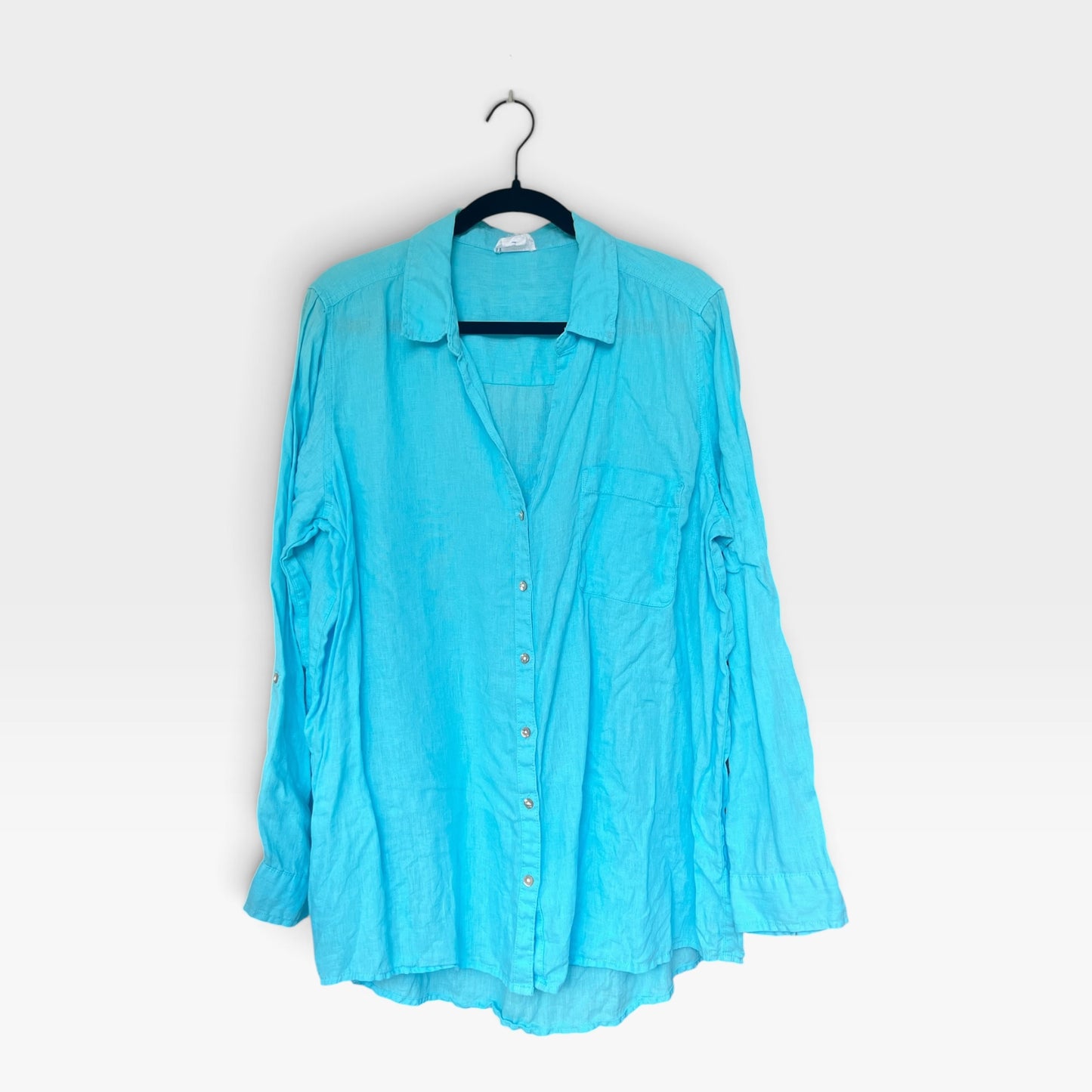 100% Linen Sigrid Olsen Button-Up Shirt, Bright Turquoise Blue, Size XL