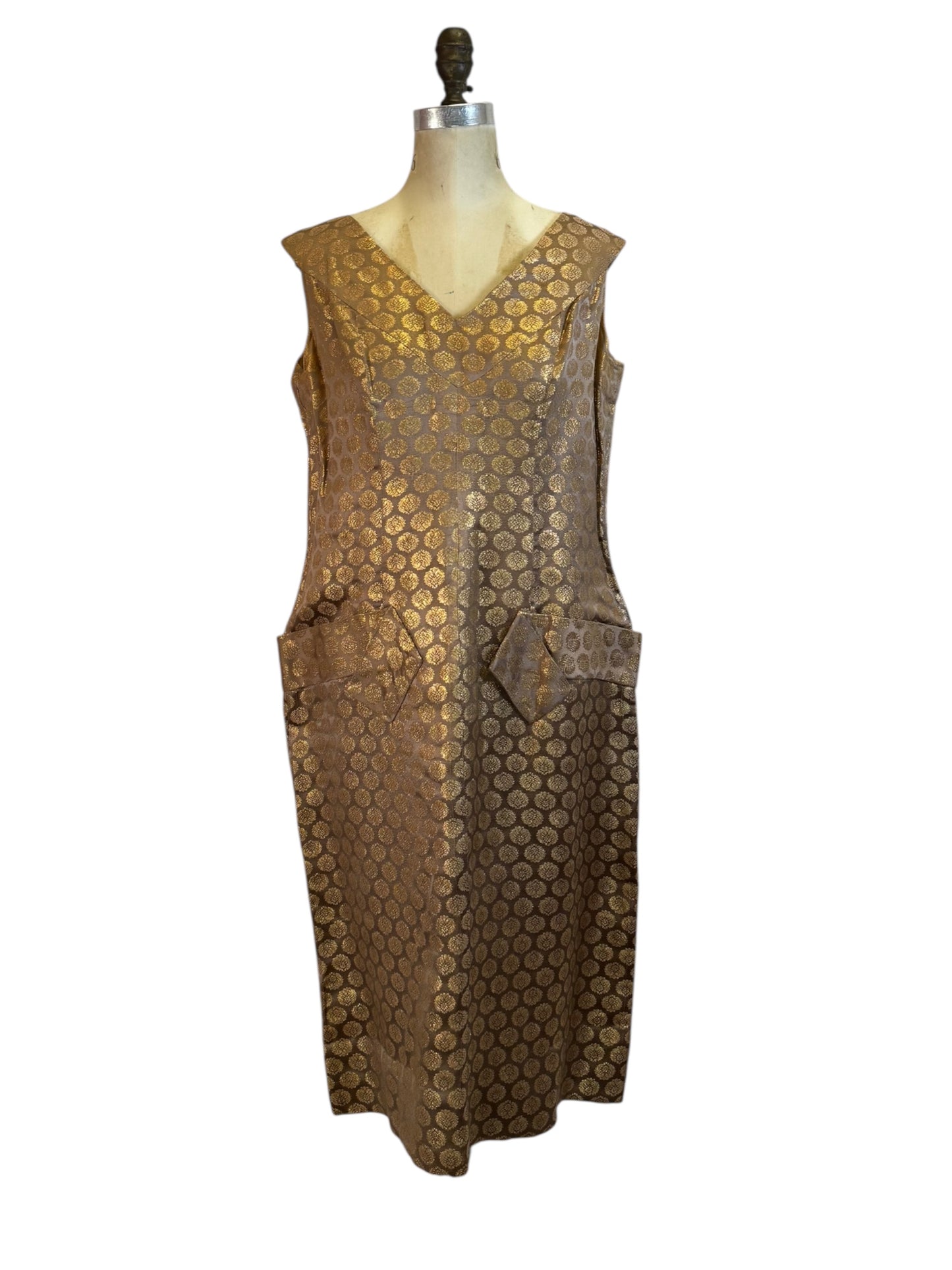 2-Piece Vintage Gold Dress + Fur Collar Coat by Schleisner Co., size medium