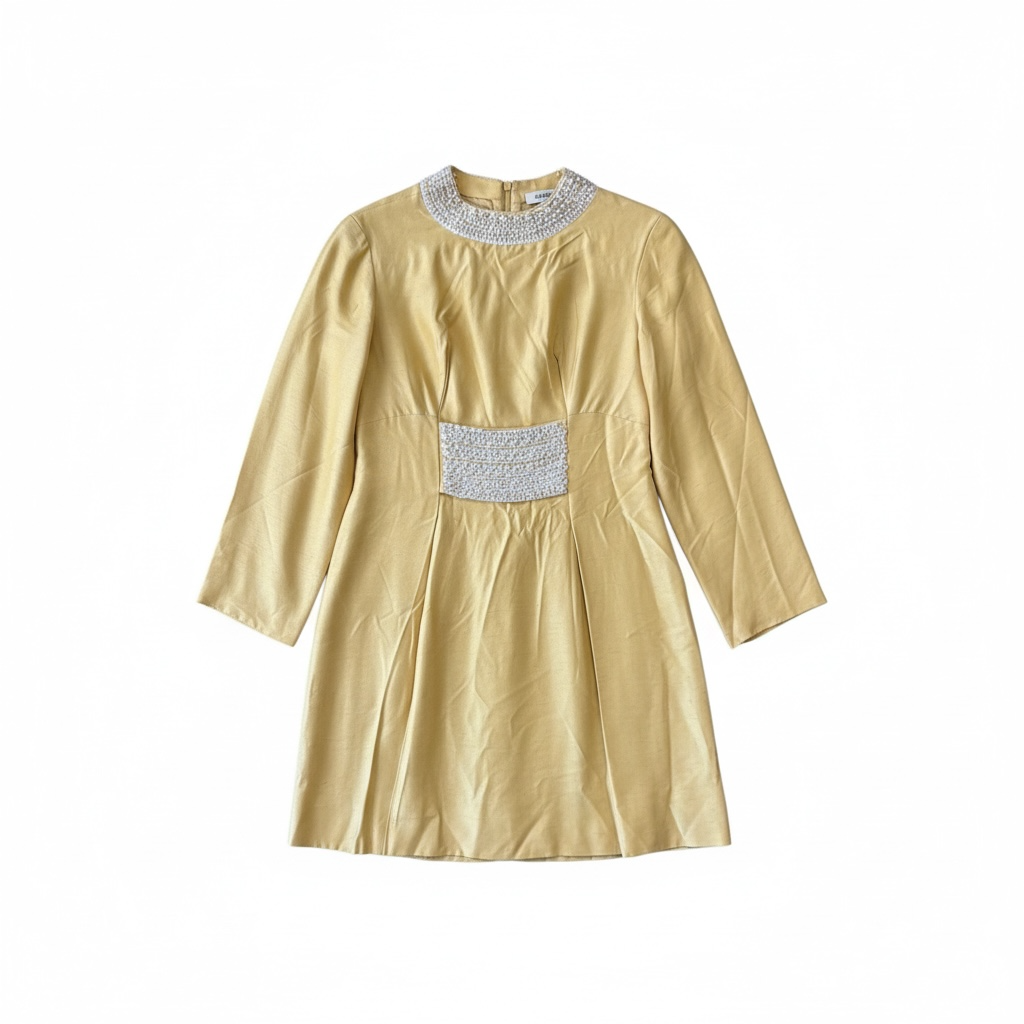 Vintage 60s Yellow Mini Dress with Pearl Embellishments, size s