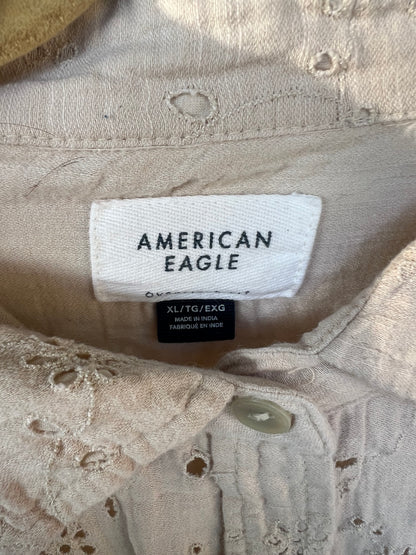 American Eagle Eyelet Shirt, Taupe, Relaxed Fit Button Up Shirt, Size XXL