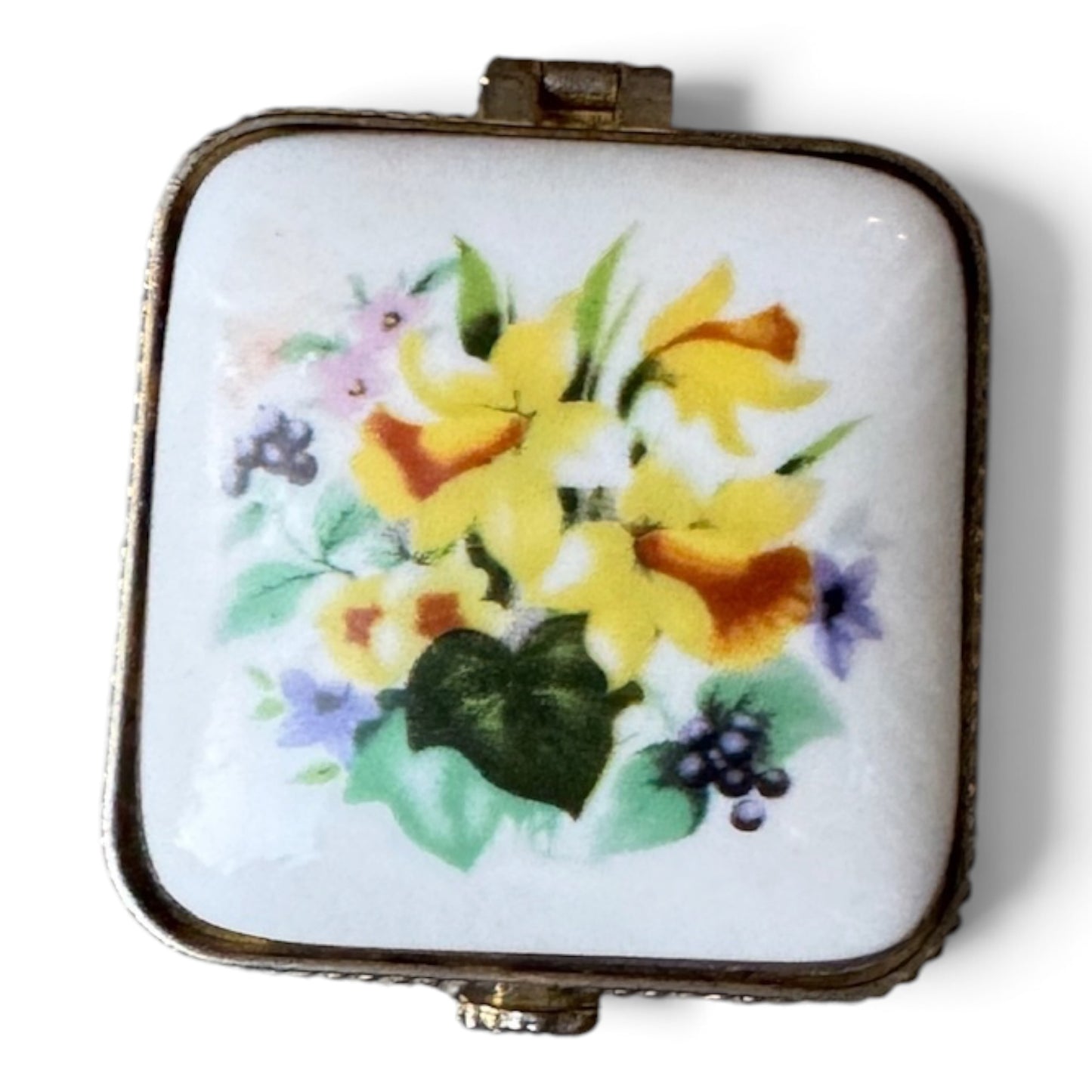 Vintage Cobalt Blue Porcelain Floral Hinged Trinket Box