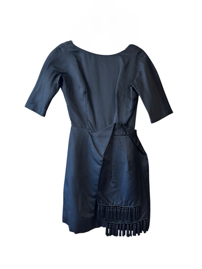 Vintage Black Asymmetric Fringe Hem 50s Cocktail Dress, size xs