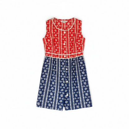 True Vintage Two-Piece Dress & Shorts Set – Red/Blue Floral Calico, XS