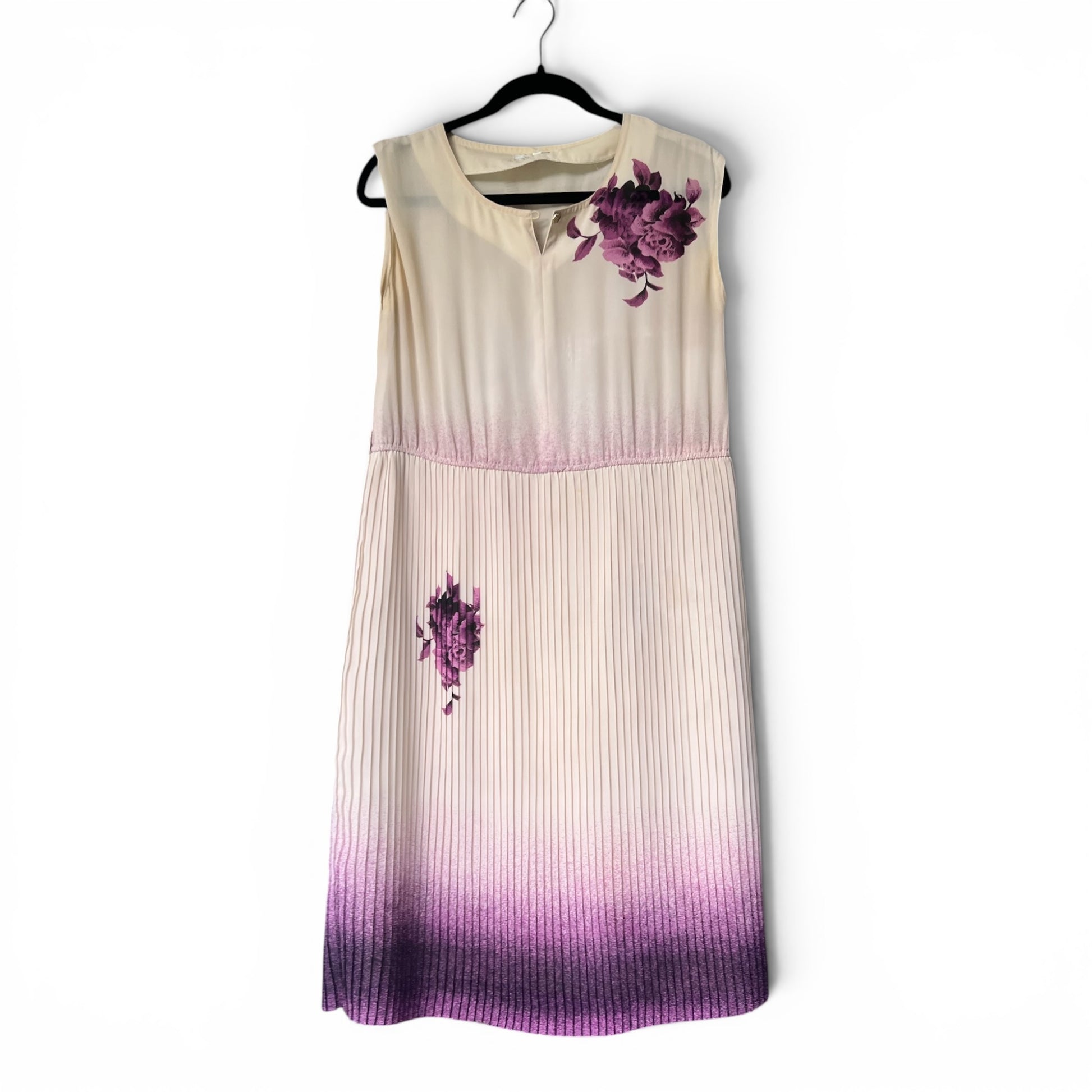 Vintage 80s Vien Doré Sheer Pleated Cream and Purple Floral Dress, Size S / M