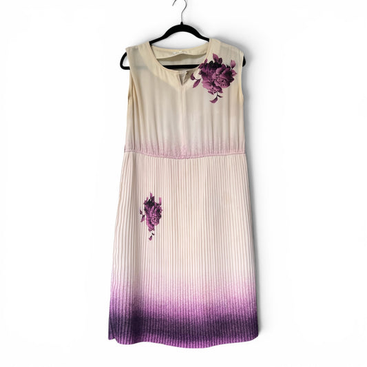 Vintage 80s Vien Doré Sheer Pleated Cream and Purple Floral Dress, Size