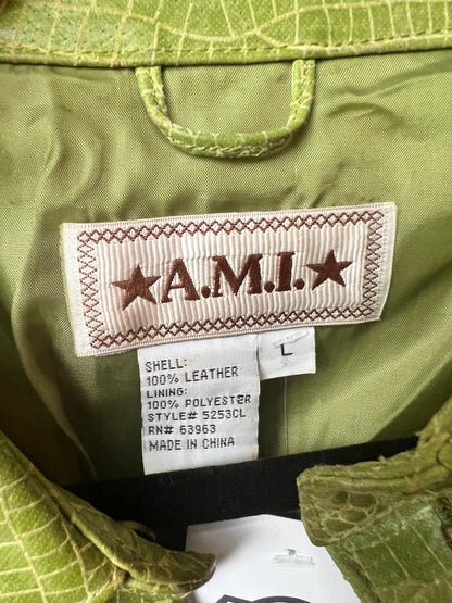 Vintage Y2K A.M.I. Lime Green Croc-Embossed Leather Jacket, Size L