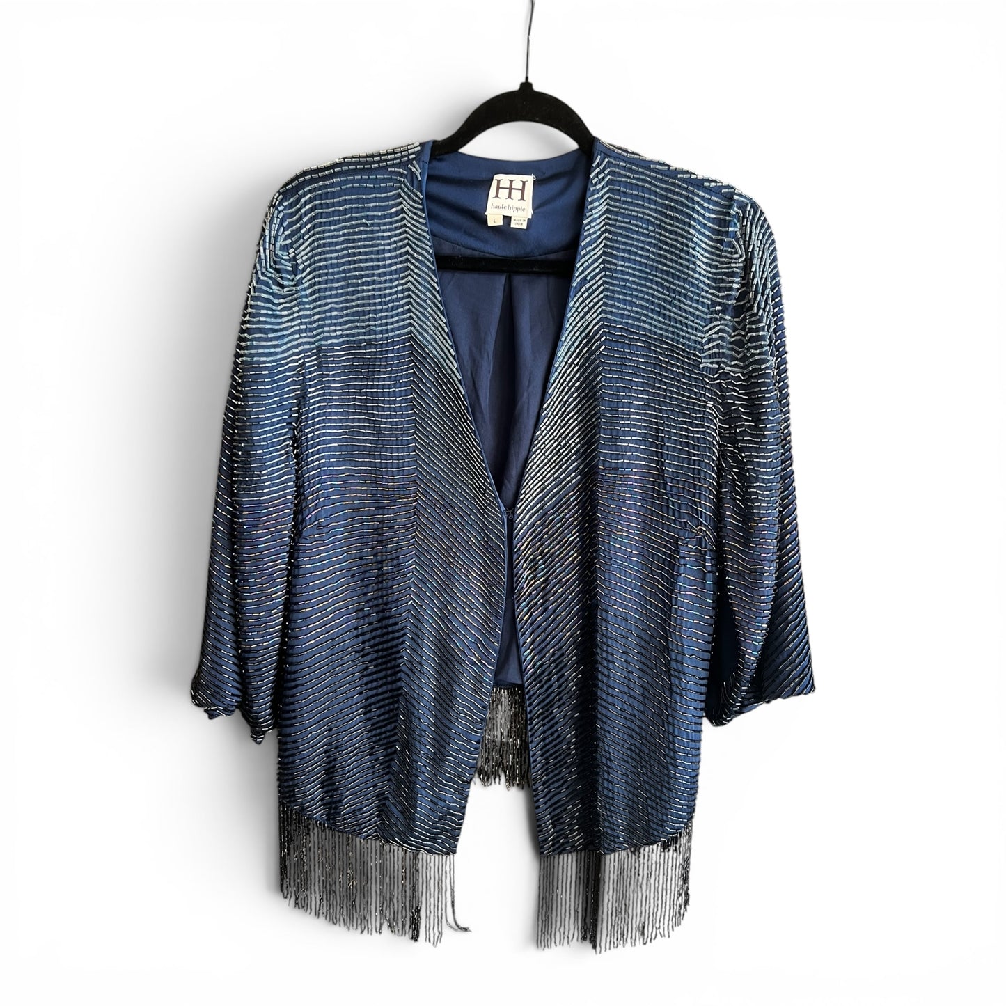 Haute Hippie Navy Blue Sequined Fringe Silk Jacket, NWOT, size L