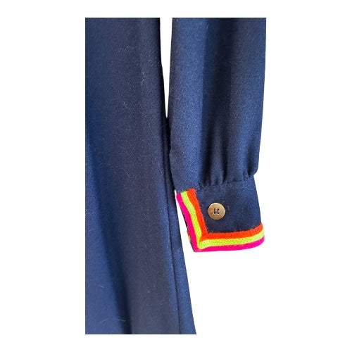 60’s Vintage Navy Blue Wool Dress with Neon Stripe Detail, size xs