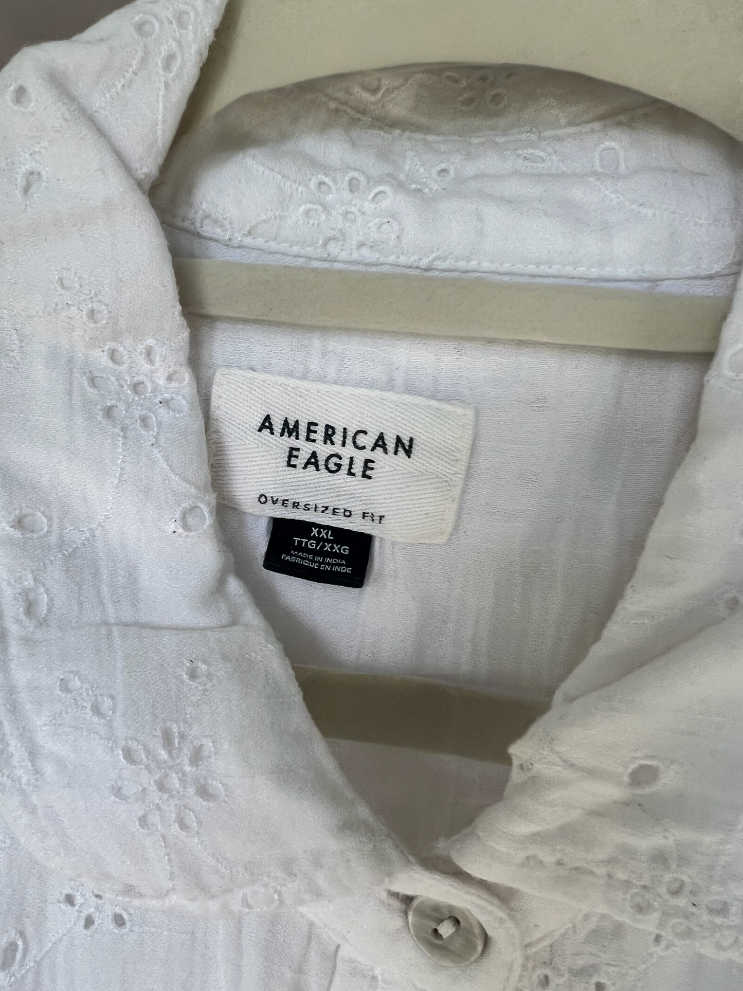 American Eagle White Eyelet Relaxed Fit Button Up Shirt, XXL