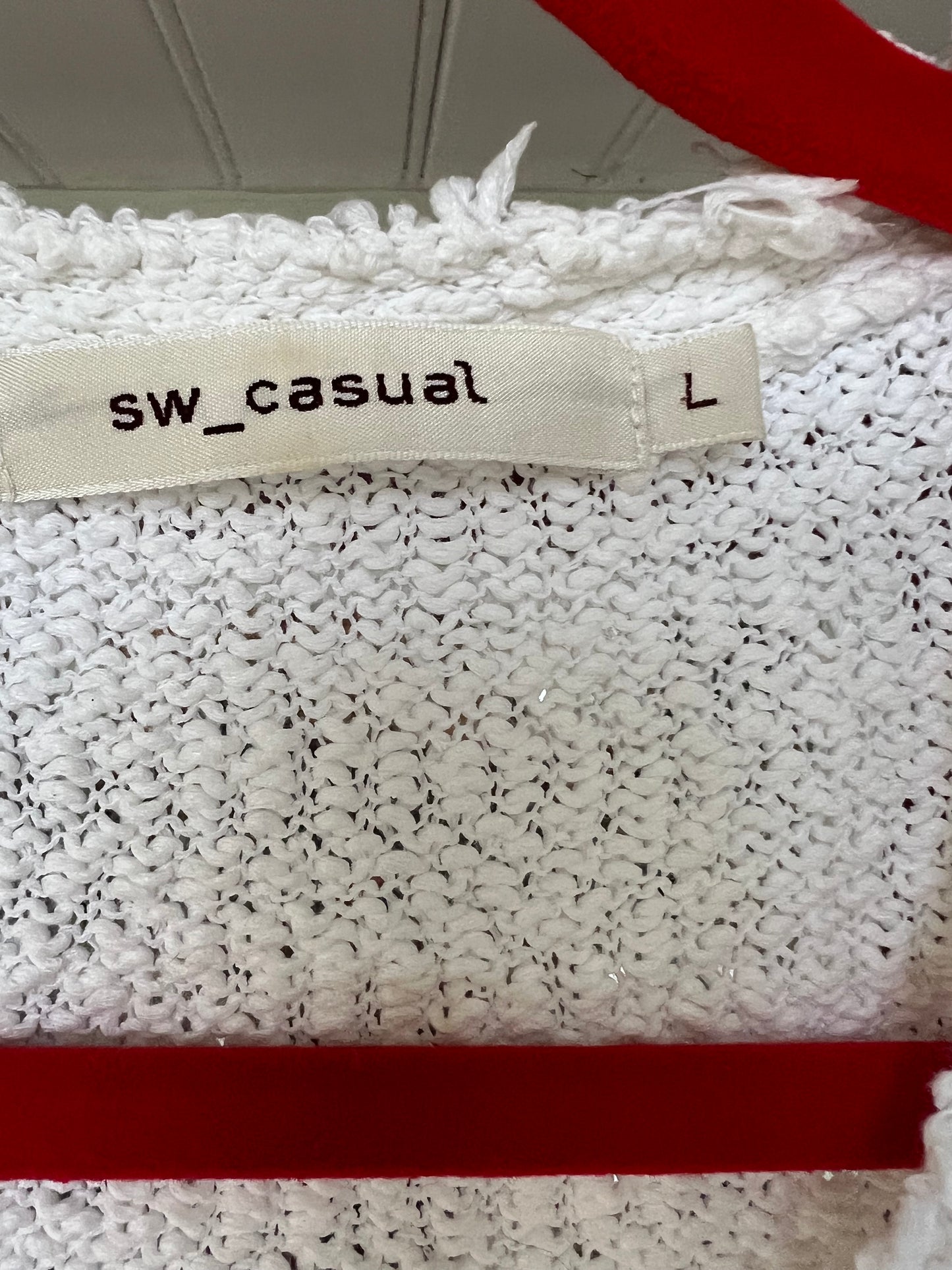 sw_casual Women’s White Textured Cardigan, Frayed Hem & Trim, Size L
