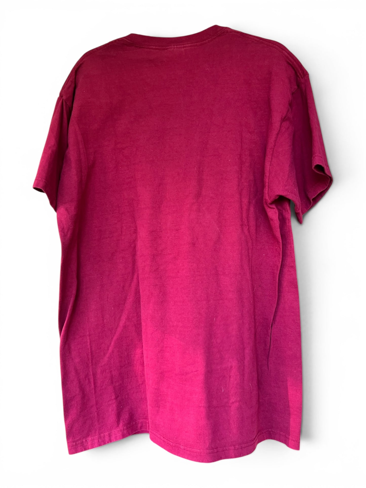 Vintage 90s Tibetan Prayer Wheel Buddhism Burgundy 100% Cotton Tee, Size XL