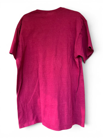 Vintage 90s Tibetan Prayer Wheel Buddhism Burgundy 100% Cotton Tee, Size XL