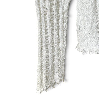 sw_casual Women’s White Textured Cardigan, Frayed Hem & Trim, Size L
