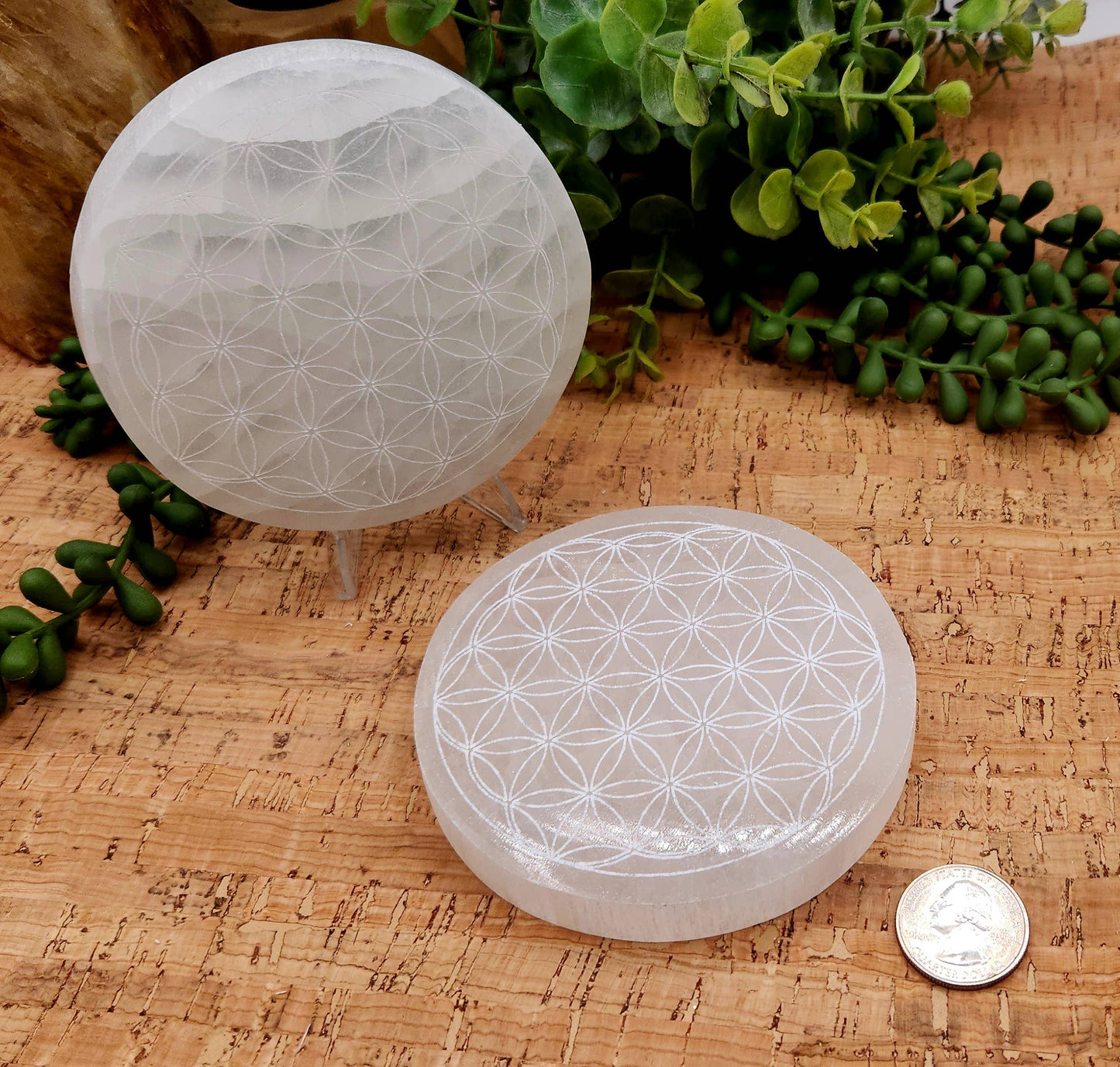 Selenite Crystal Charging Plate/Coaster Round - Flower of Life