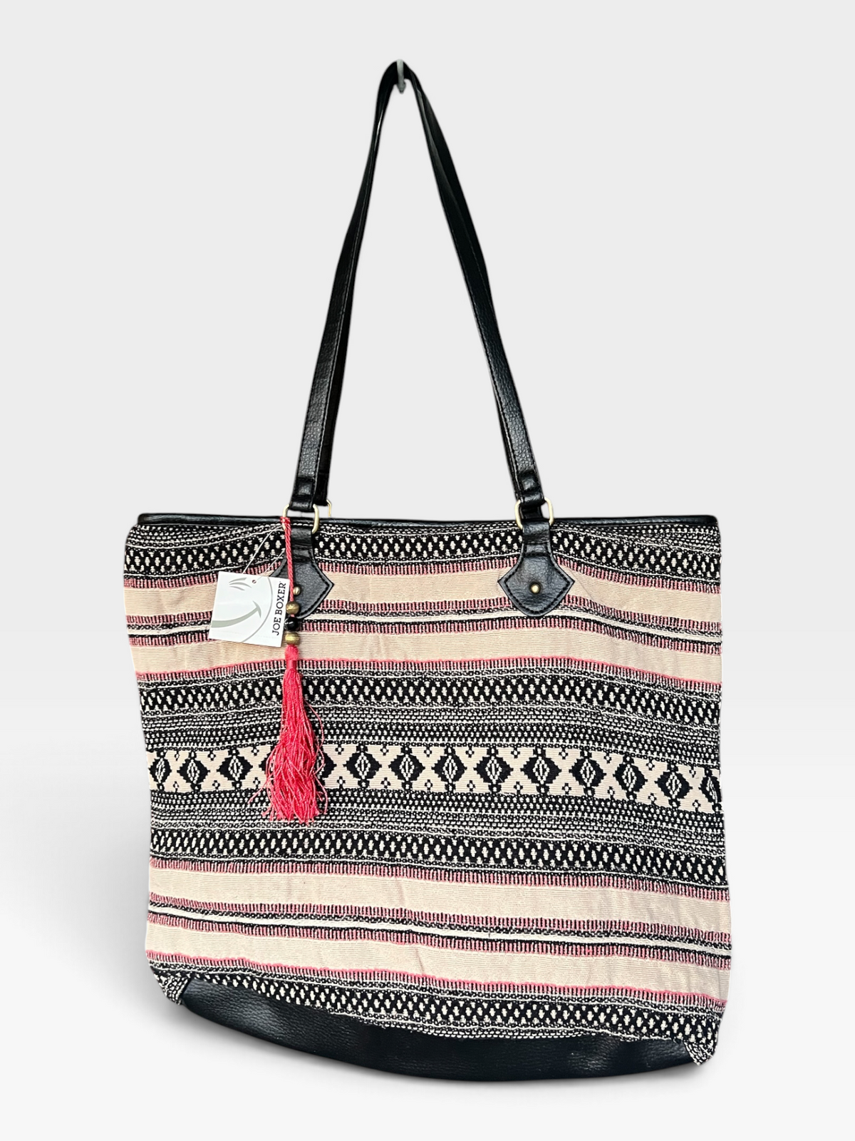 NWT Joe Boxer Boho Tote Bag, Black, White and Pink Tassel Purse