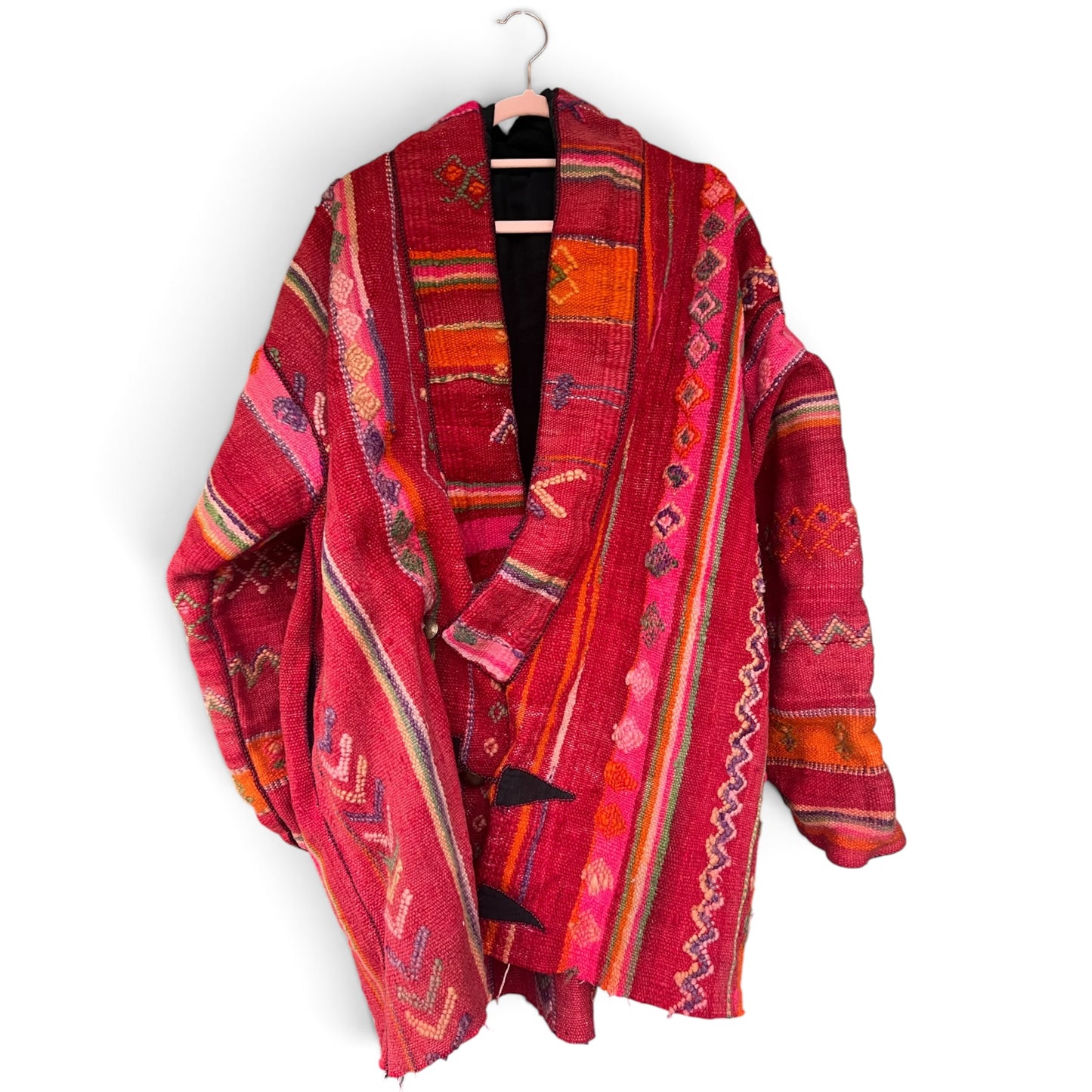 Vintage Boho Woven Kimono Jacket Red Stripes Pockets Kantha, Size XL